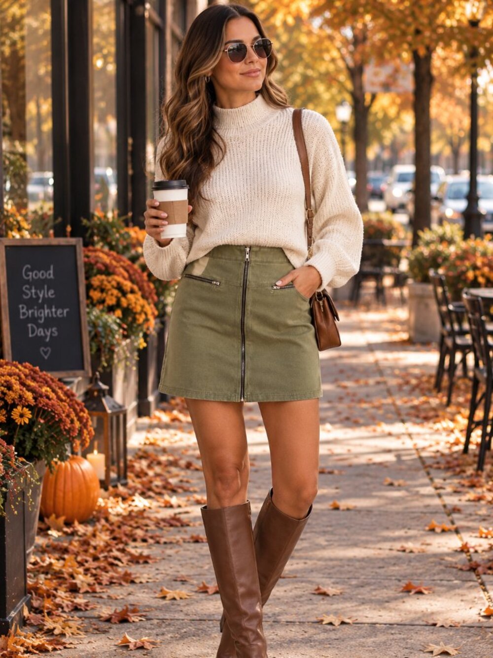 Olive Green Zip-Front Cotton Mini Skirt — Size M